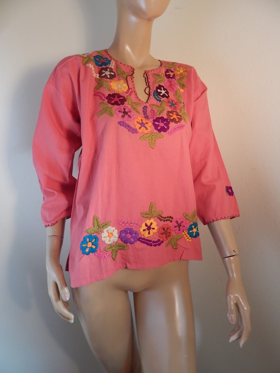 Handmade Mexican blouse, rustic muslin cotton, hand embroidered
