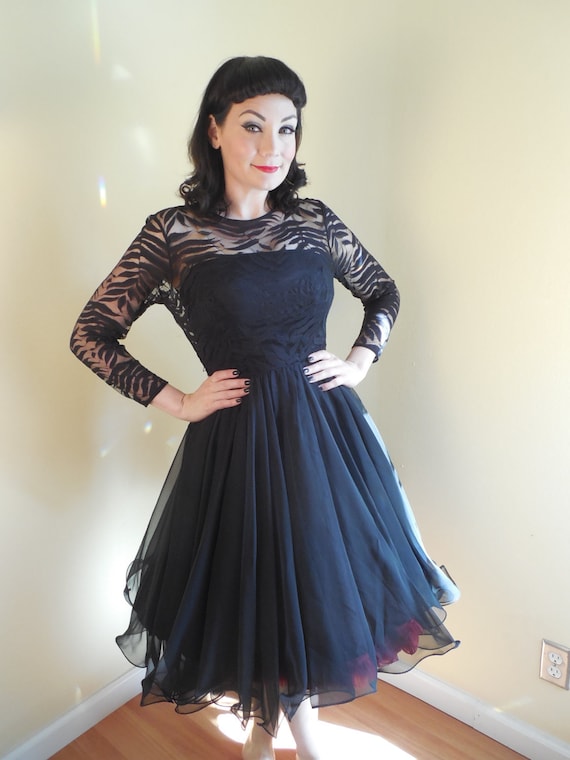 Vintage Chiffon Dress, Emma Domb .Style , Curly Hem, Zebra, 1950s Vintage Chiffon Dress, Emma Domb .Style , Curly Hem, Zebra, 1950s