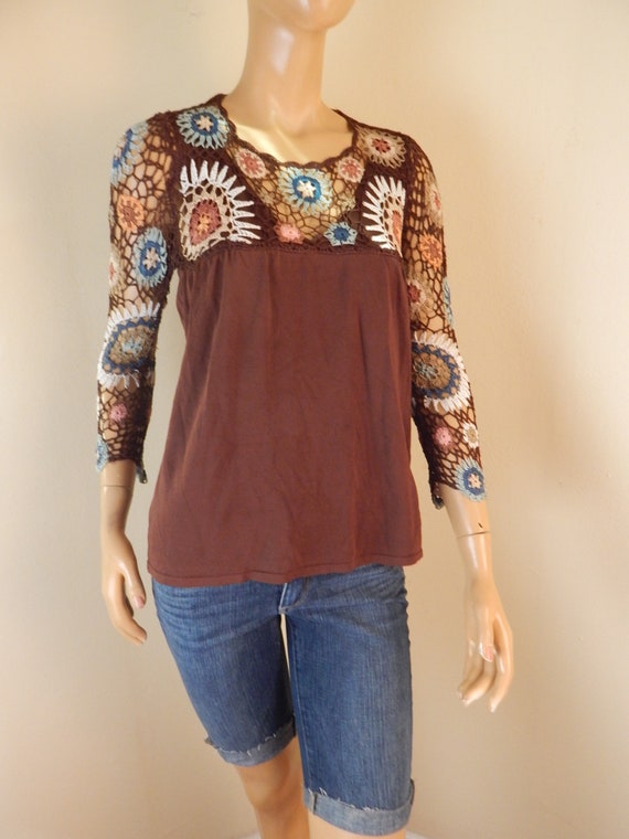 Crochet hippie top, brown, festival top, stretch - image 1