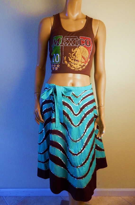 Vintage Sequin skirt, Mexican Skirt, Turquoise and