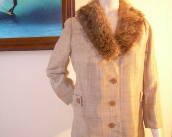 VINTAGE  Silk Jacket , Fur Collar , Hollywood vintage, fox fur collar