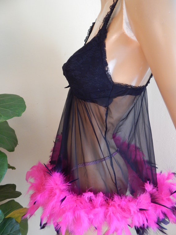 Negligee Vintage 1960s Sheer Black. Pointy Lace Bra, Pink Feather Bust 36 