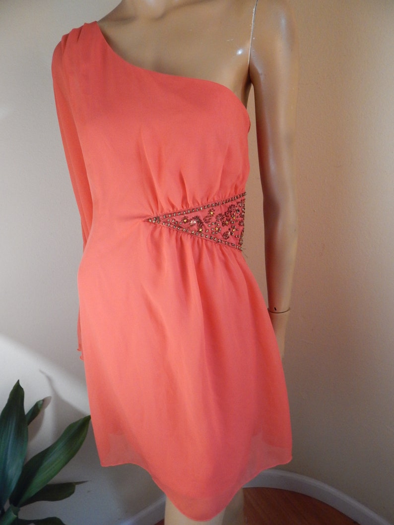 Puede incluir: Vestido color coral con un solo hombro. El vestido tiene una manga larga y un adorno de cuentas en la cintura. El vestido, a la altura de la rodilla, est&aacute; hecho de una tela fluida.