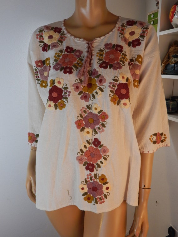 Embroidered cotton Mexican top, brown floral top