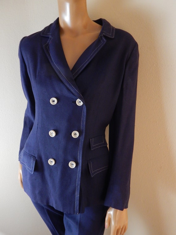 womens linen pantsuit, lined, navy blue suit, sma… - image 2