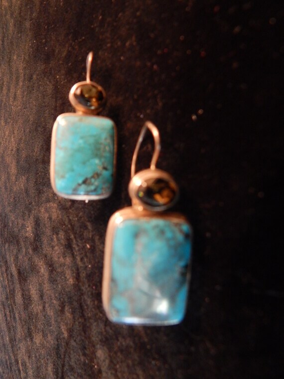 Turquoise pierced earrings with jewel, stamped st… - image 1