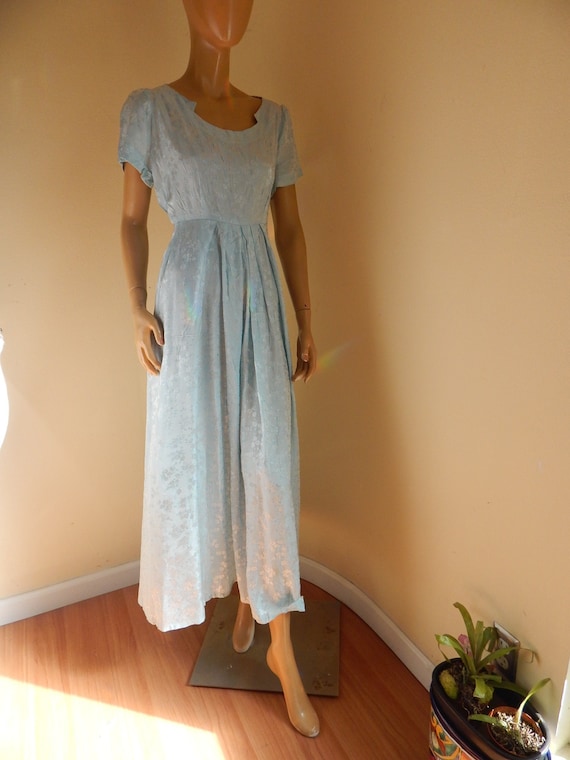 Vintage rayon babydoll dress in blue brocade 