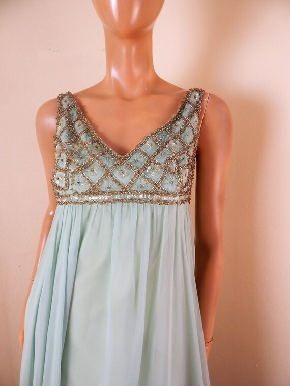 vintage chiffon dress, beaded gown, green gown, 19