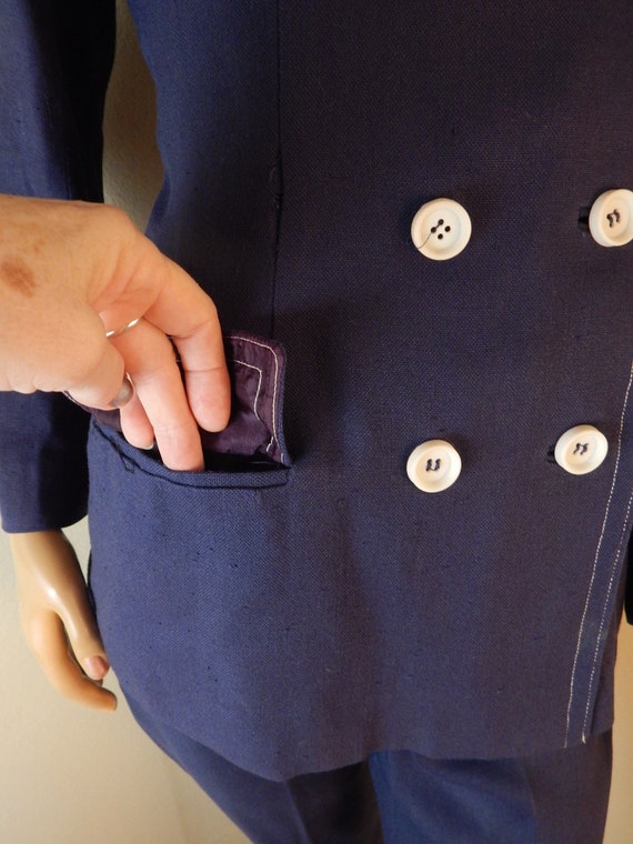 womens linen pantsuit, lined, navy blue suit, sma… - image 7