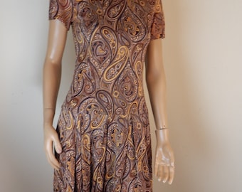 vintage brown paisley dress, acetate,  bust 39, seventies, hipster dress, very natialie wood