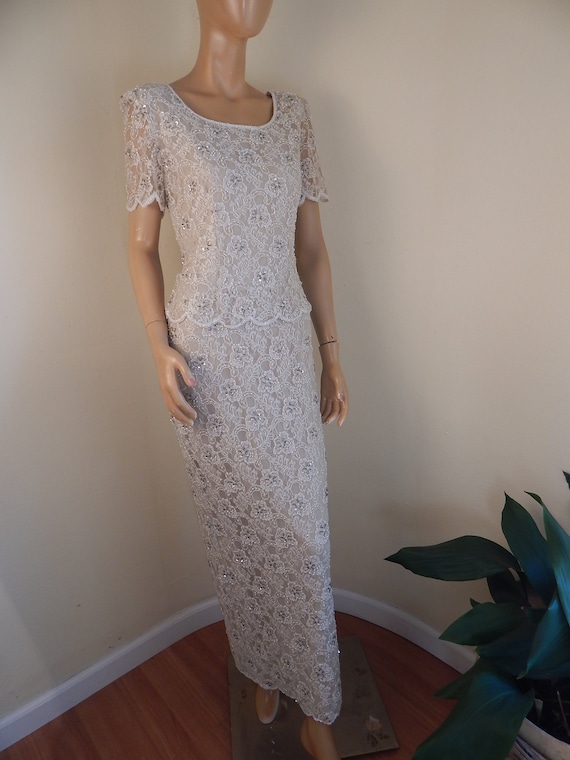 beaded dress, bridal dress, white beaded gown, pea