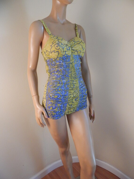 vintage swimsuit, one piece swimsuit, ruched elast