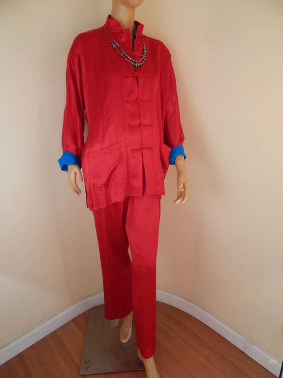 womens silk pajamas set, red kimono pajamas, cheon