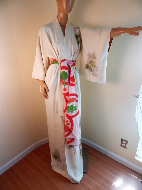 vintage japanese kimono, hand painted, 1970s, kimo