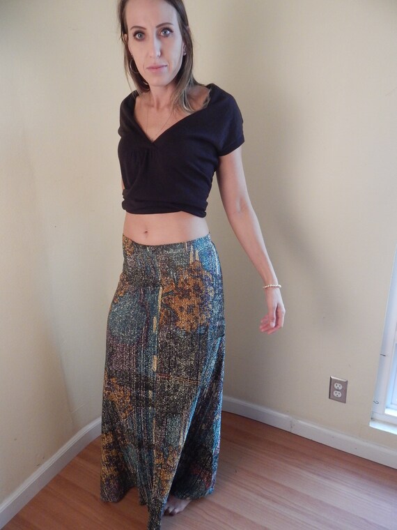 vintage hippie skirt, metallic skirt, long skirt,