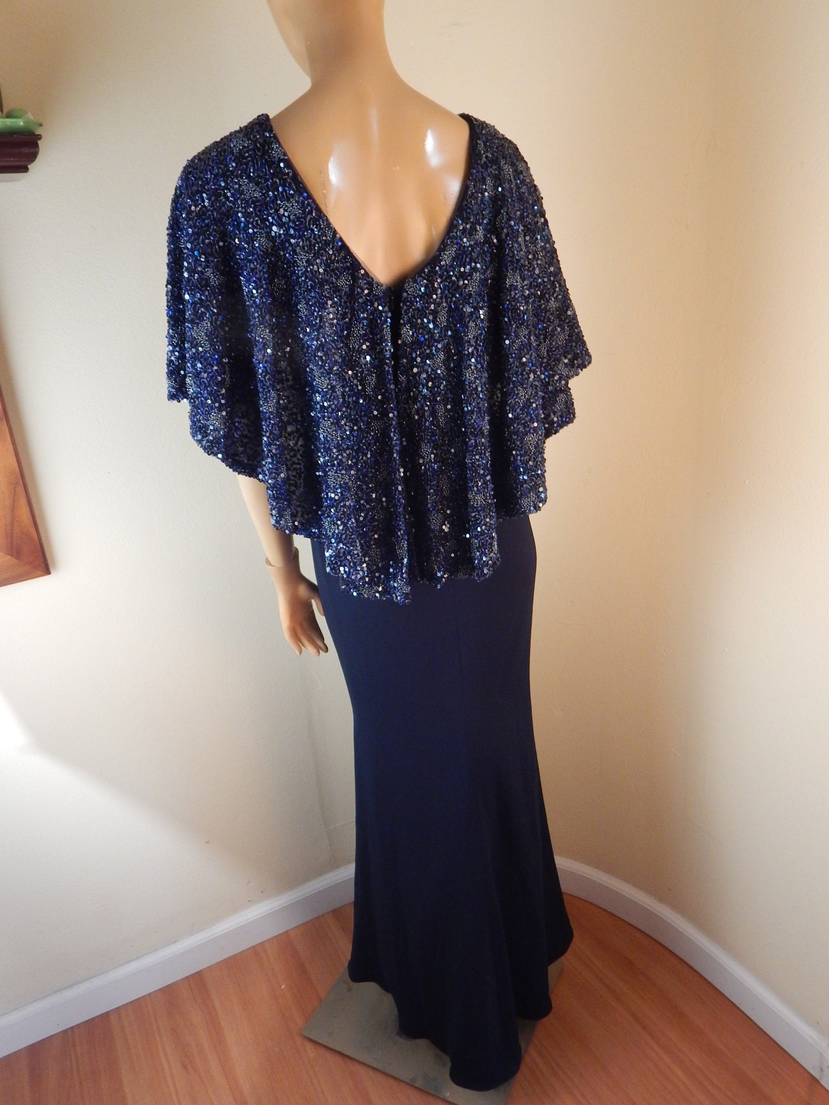 Badgley Mischka☆ビーズ装飾ネック ネイビーロングドレス BADGLEY MISCHKA 水色ワンピース ｜ハイブランド・海外ブランド