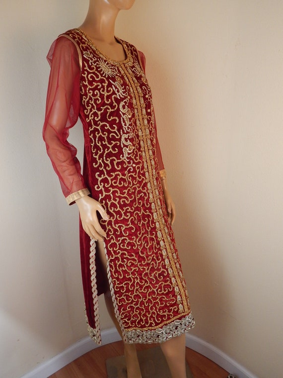 Red velvet sequin Dress,  Red and gold India dress