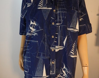 Cooke street mens Aloha shirt, Hawaiian print mens cotton shirt, Sailboat shirt, Medium size chest 52