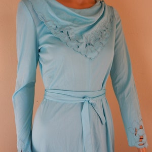 VTG 70s knit dress turquoise cowl neck, sleeve cutouts bust 40