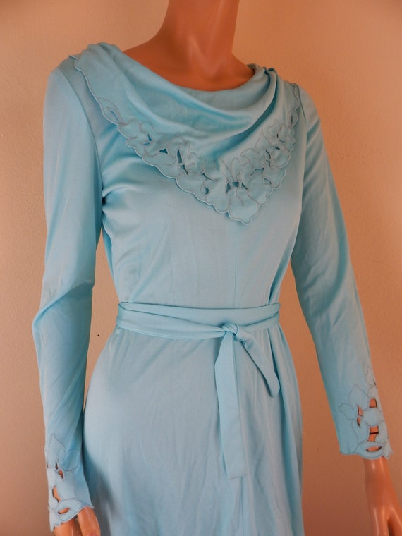 turquoise knit dress, 1970s dress, cowl neck, sle… - image 1