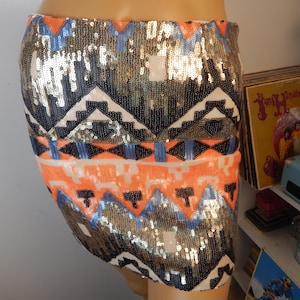 Sequin Disco skirt, neon azteca style, lined, small
