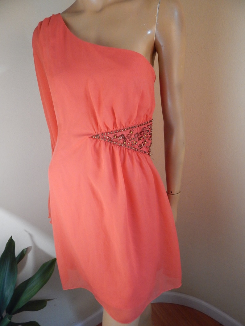 Puede incluir: Vestido coral de un solo hombro con una manga larga. El vestido tiene un adorno de cuentas en la cintura. La tela es ligera y fluida, adecuada para una ocasi&oacute;n especial. El vestido mide unos 80 cm de largo.