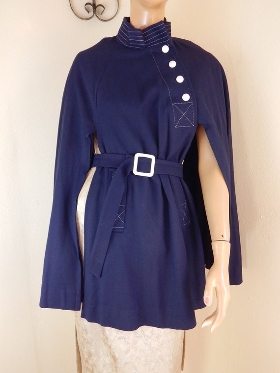 poncho navy blue, belted cape, vintage 1960s ponc… - image 1