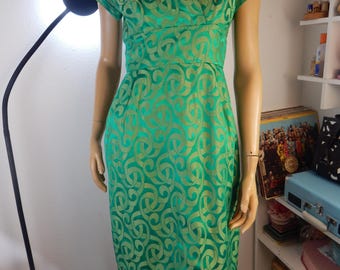 green Brocade vintage Dress, bust 34,    1950s fancy dress. totally lined, handmade,