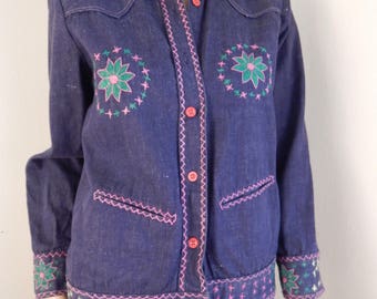 embroidered jean jacket, womens denim jacket, 70s hippie, woodstock