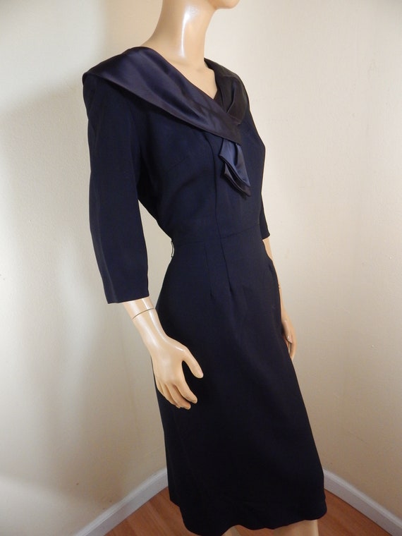 vintage 50s rayon crepe and satin black dress, - image 2