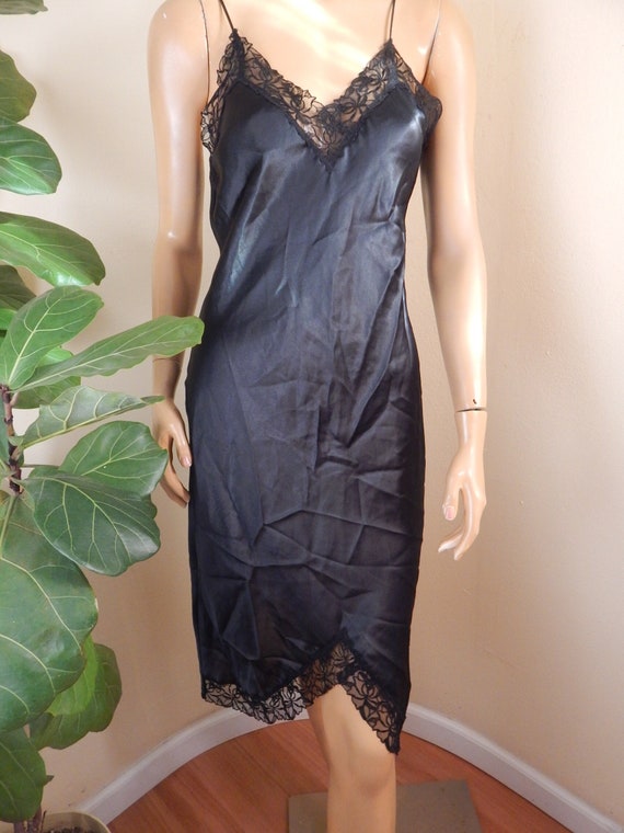 victoria secret black lace slip, poly satin small,