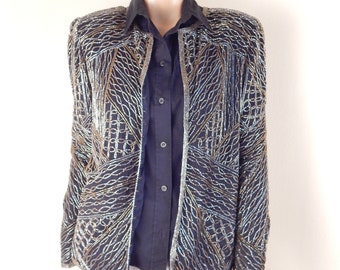 vintage beaded jacket, silk lined,  black silk, gold beads