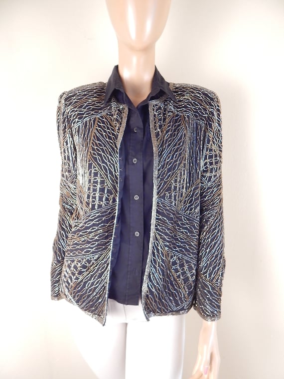 vintage beaded jacket, silk lined,  black silk, go