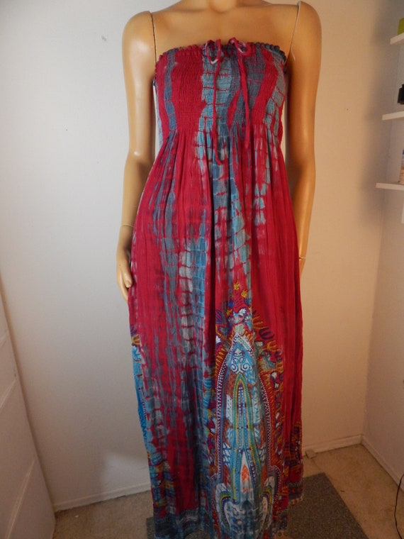 Tie dye dress gown, smocked bodice, India fabric - image 7