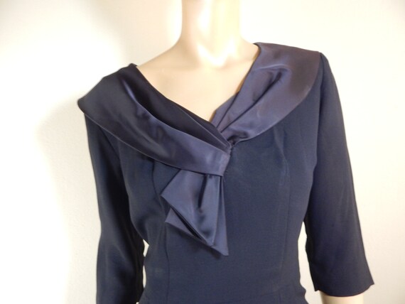 vintage 50s rayon crepe and satin black dress, - image 6