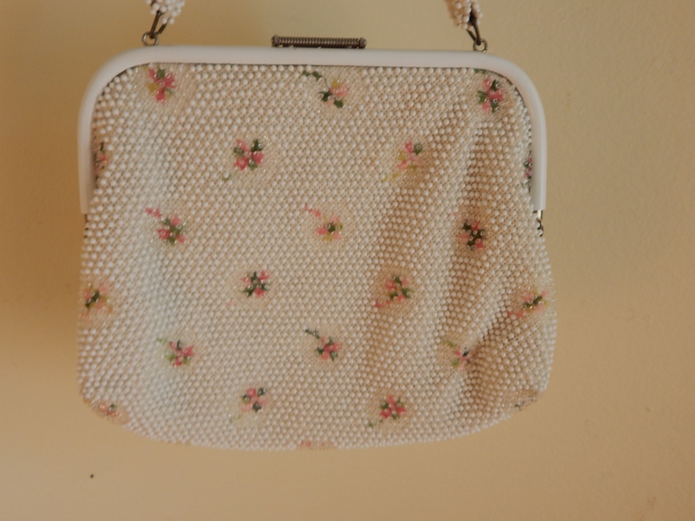 Lumured ヴィンテージ　50 ‘s 古くて素敵なビーズバッグ　アイボリー 50s Vintage Lumured Corde Bead White Flowers REVERSIBLE