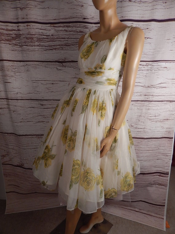 vintage chiffon floral dress, yellow roses,1950s … - image 1