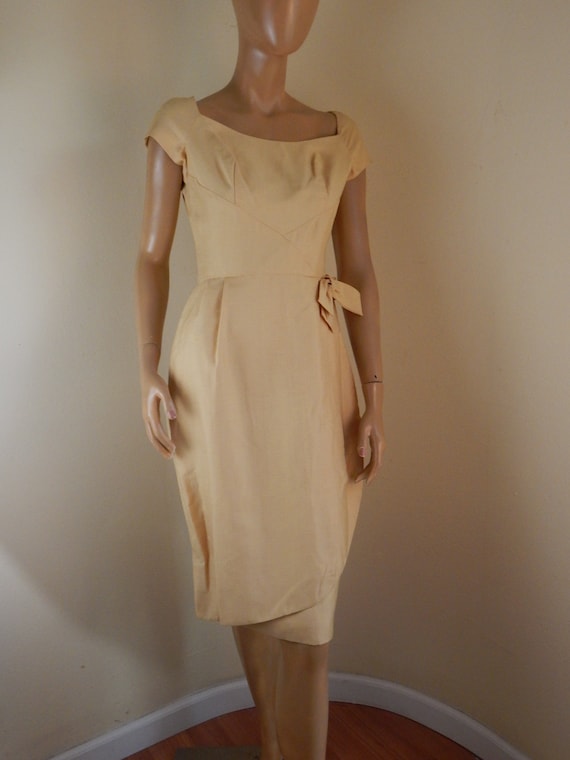 Vintage silk GOLD dress, sarong style dress,  1950