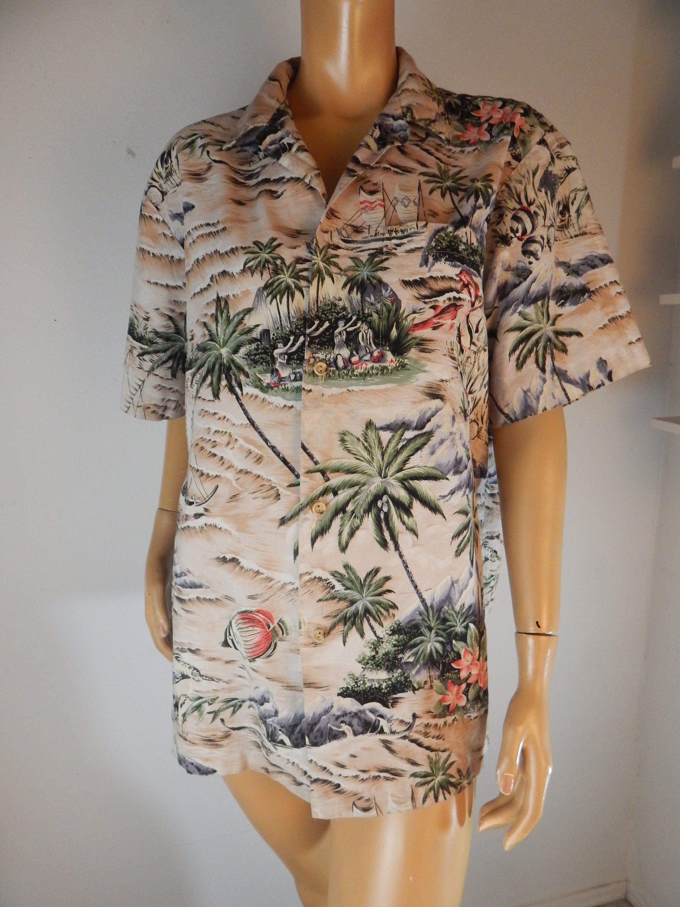 Vintage cotton mens aloha shirt kai hane, large, chest 50