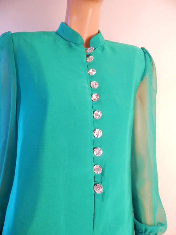 green Silk Dress, Swarovski buttons, green silk dr