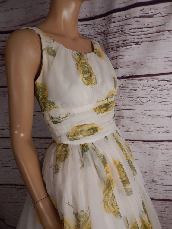 vintage chiffon floral dress, yellow roses,1950s … - image 2