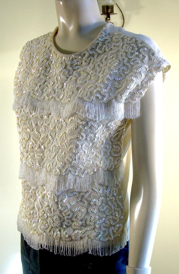 Vintage Beaded Vest, Wool Sweater, sequins,  Bead… - image 3
