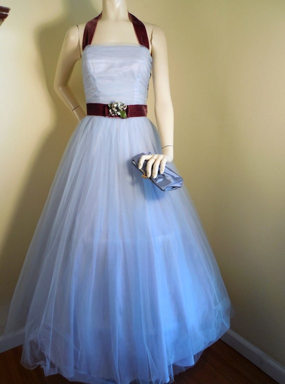 Vintage 1950s Chiffon Prom Gown, Small Corsage Detail