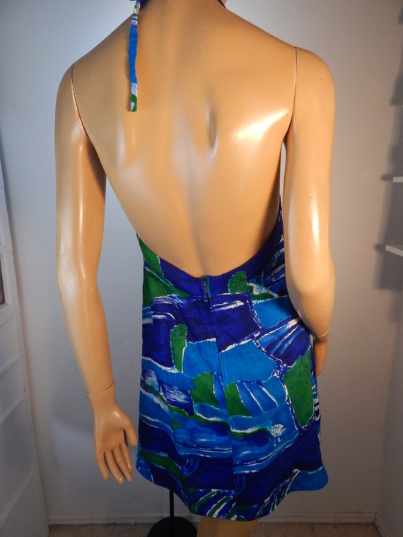 Hawaiian vintage barkcloth dress, small, halter d… - image 3