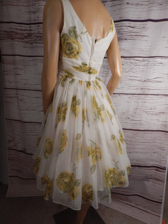 vintage chiffon floral dress, yellow roses,1950s … - image 4