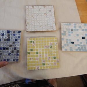 Set of 4 tile mosaic dishes vintage, 5X5X.5 show some wear on back
