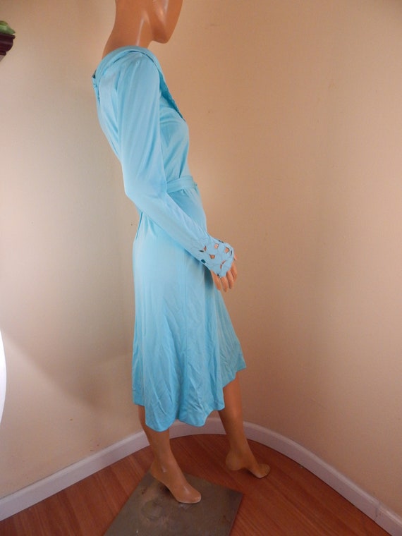 turquoise knit dress, 1970s dress, cowl neck, sle… - image 4
