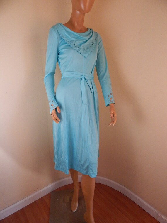 turquoise knit dress, 1970s dress, cowl neck, sle… - image 2