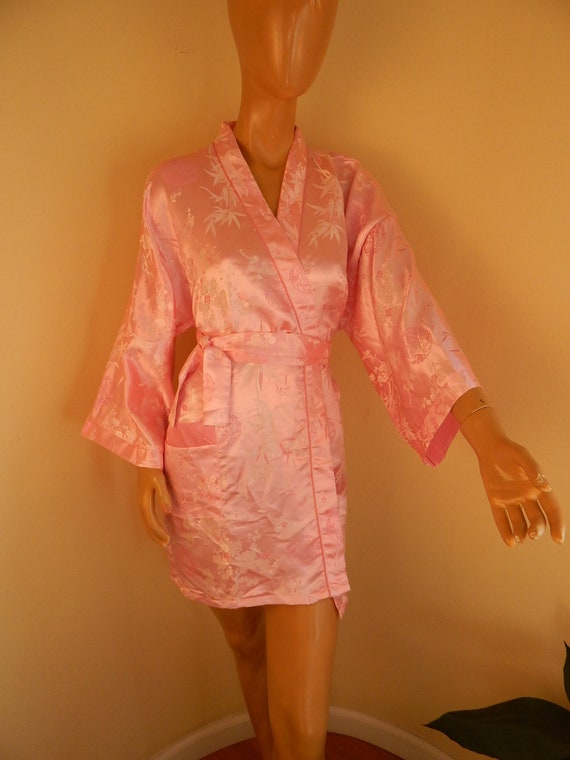 Vintage Pink satin kimono, rayon, belted - image 1