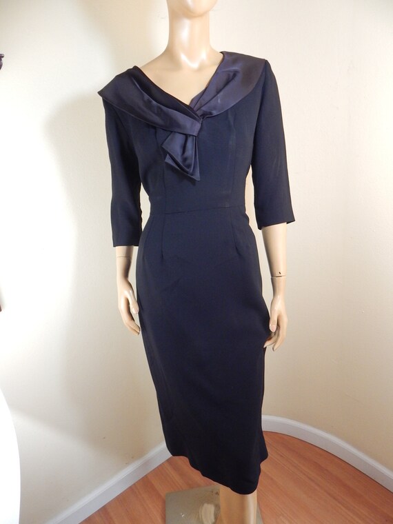 vintage 50s rayon crepe and satin black dress, - image 4